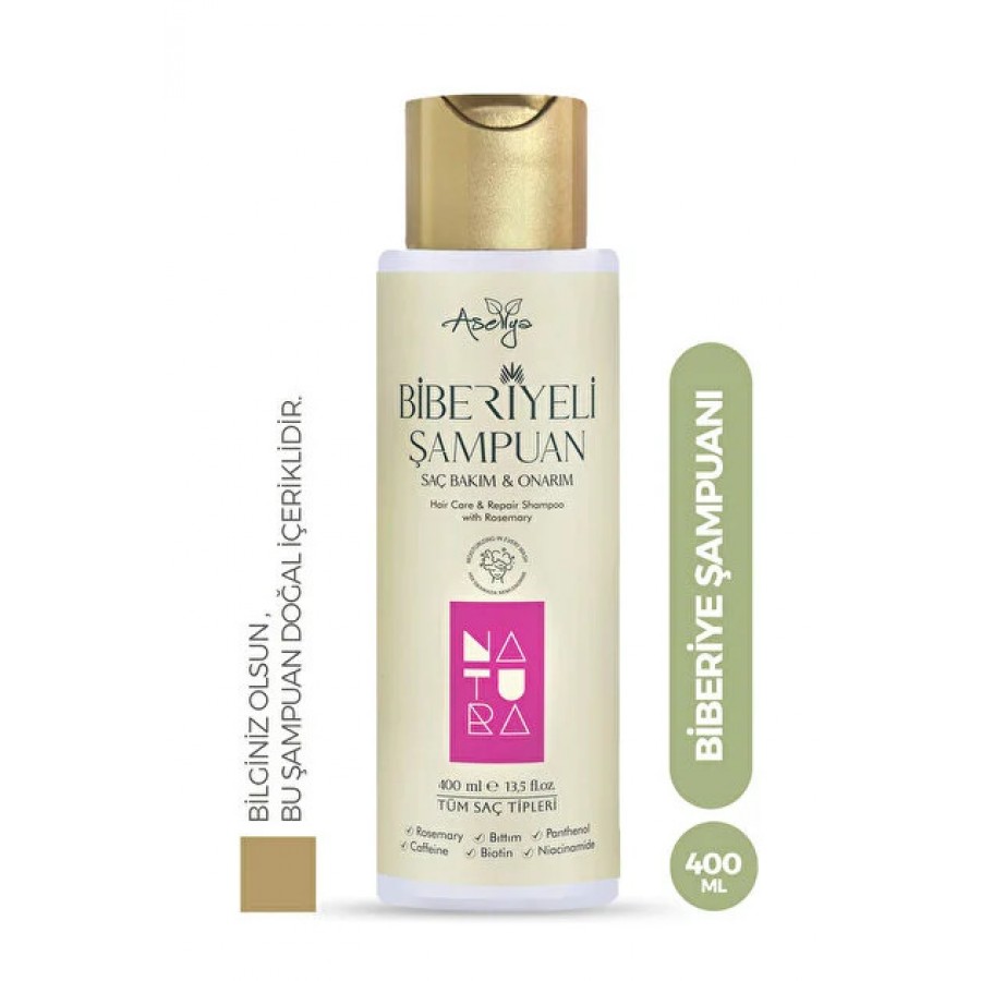 asellya sağlıklı yaşam Biberiye Özlü Şampuan - Saç Dökülmesine Karşı Etkili,Bıttım,Biotin ve Kafein İçerikli 400 ml